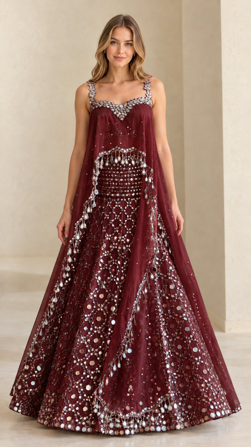 Burgundy wine sequined cape overlay evening gown with silver sequin accents