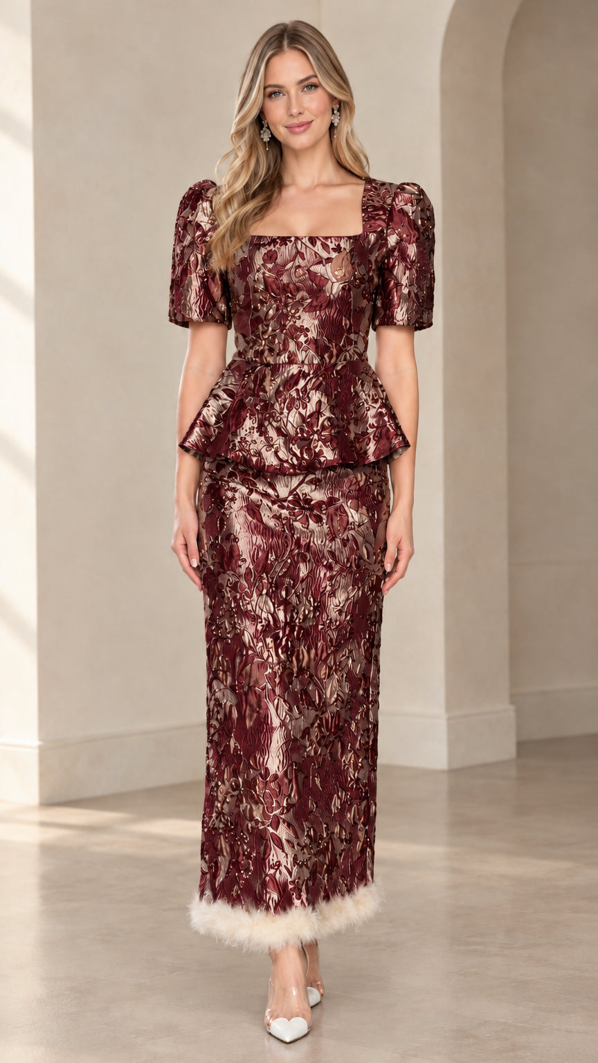 Front view of burgundy red floral metallic jacquard peplum maxi dress set