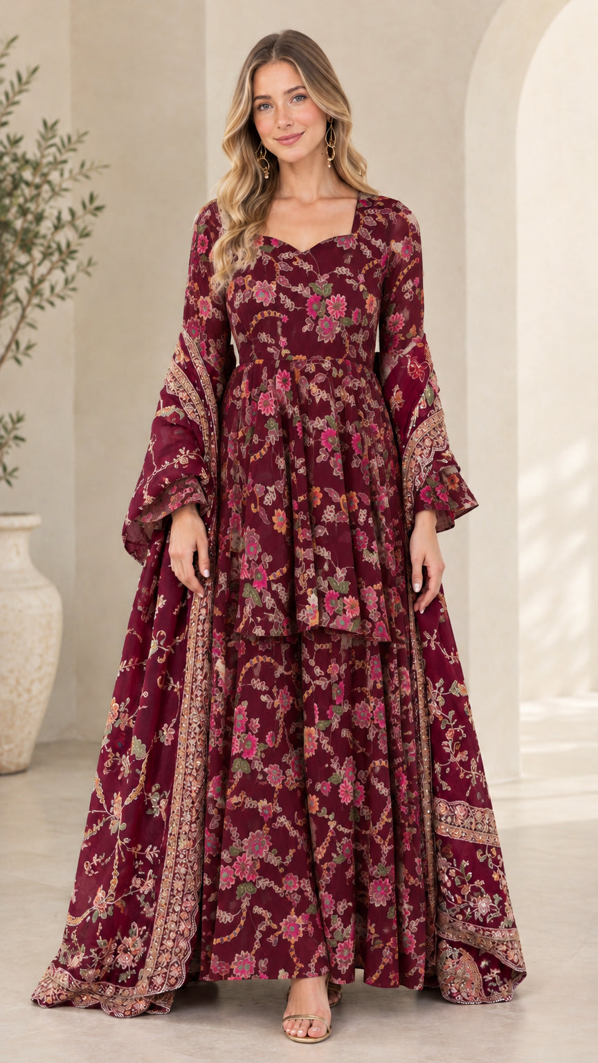 Model wearing rich burgundy floral print tiered maxi dress set