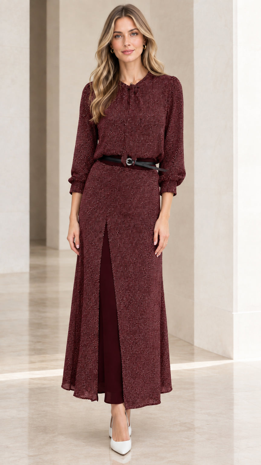 Burgundy wine belted long sleeve maxi dress with layered front slit