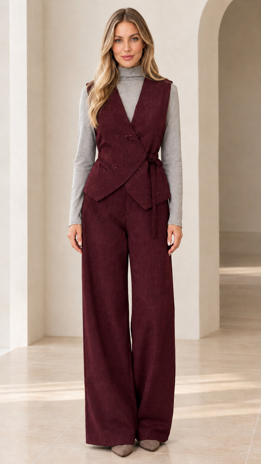 Woman wearing burgundy wine red wrap tie vest and matching wide-leg trousers