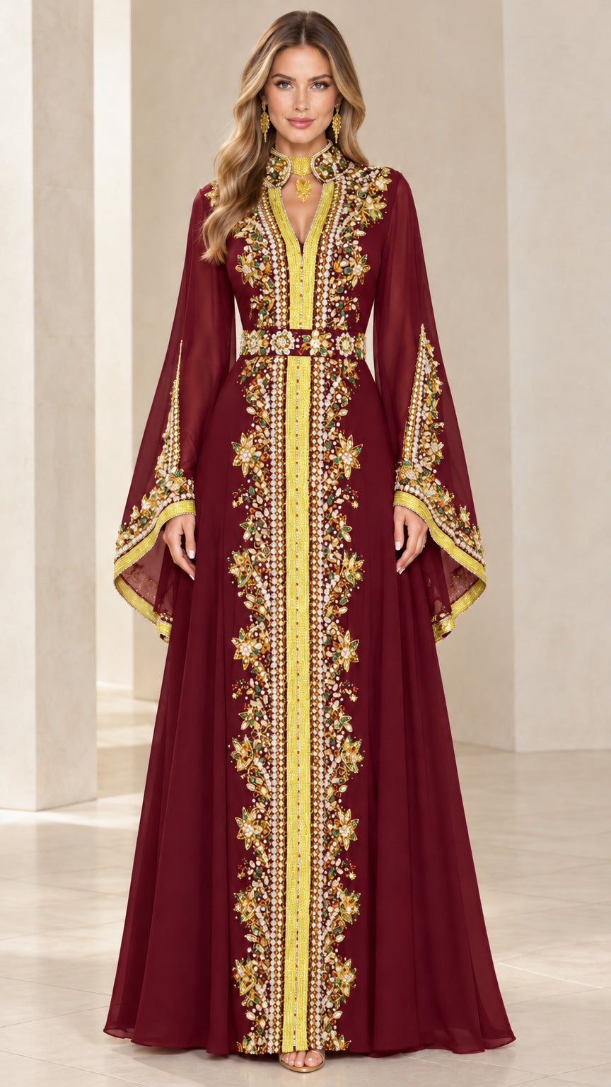 Burgundy wine red embroidered bell sleeve caftan maxi evening dress
