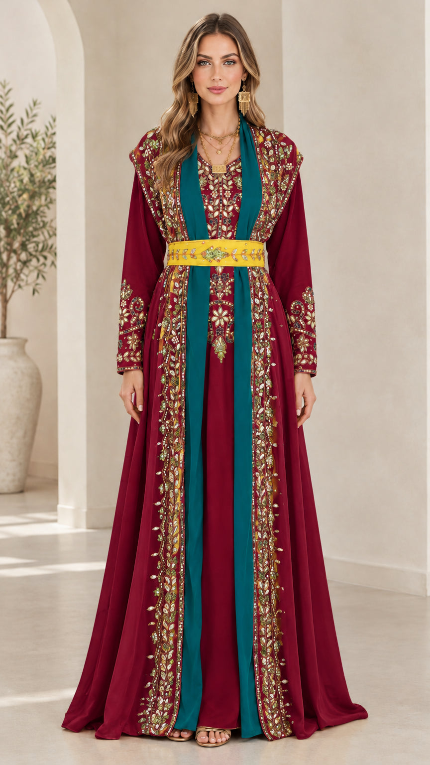 Full-length front view of burgundy Moroccan caftan maxi dress with yellow belt and teal accents