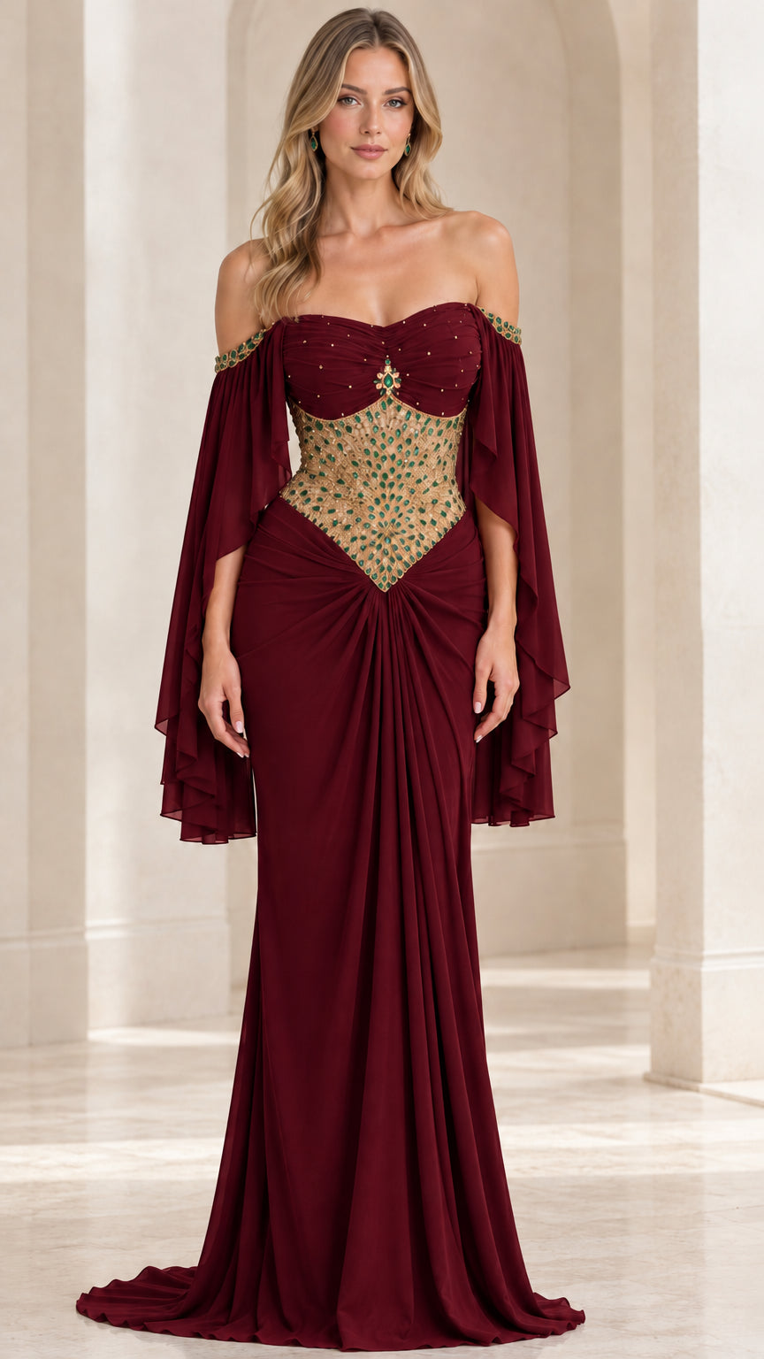 Burgundy wine red formal evening dress with beaded illusion corset bodice and cape sleeves