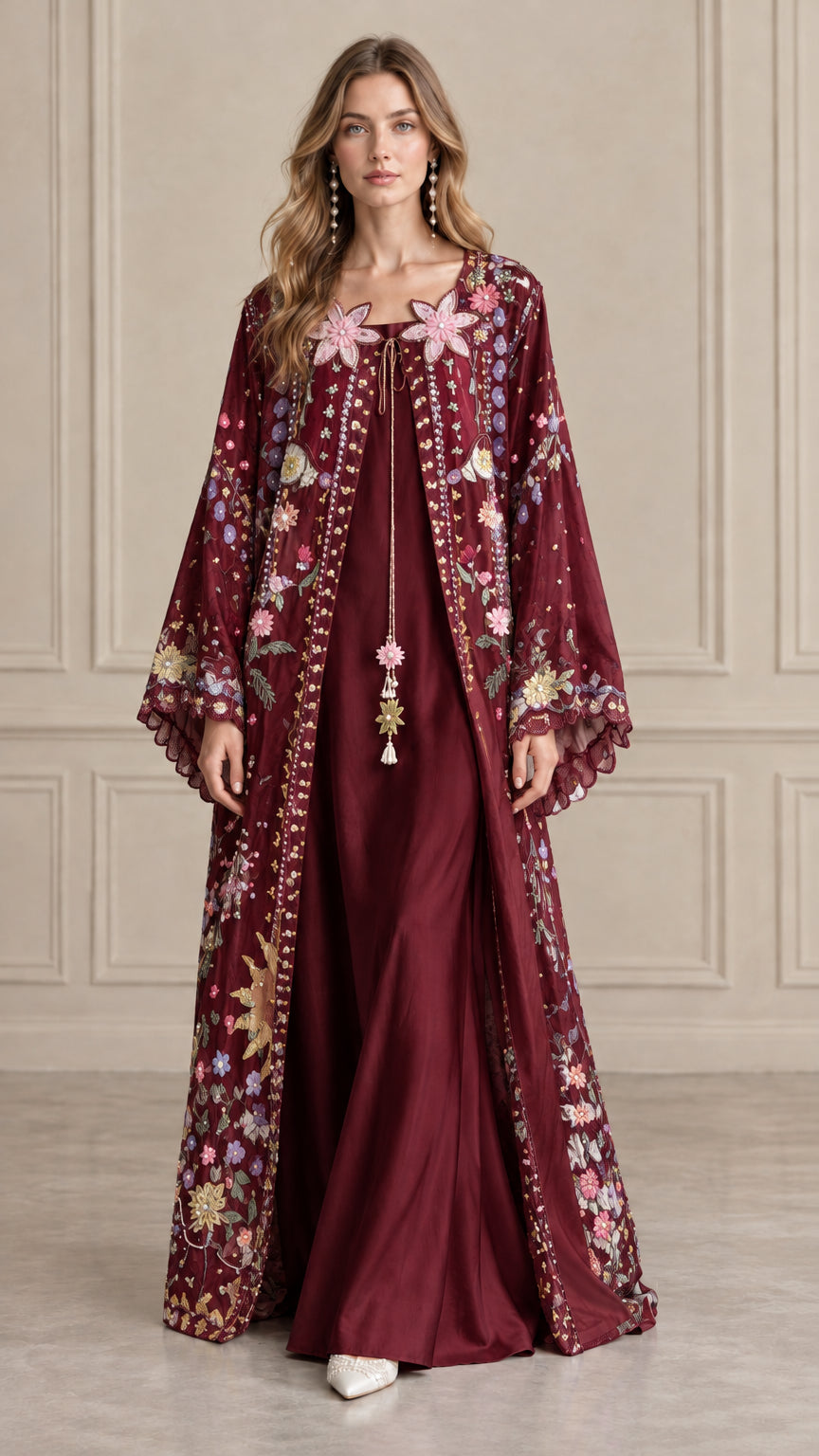 Burgundy wine red floral embroidered robe over matching satin maxi slip dress