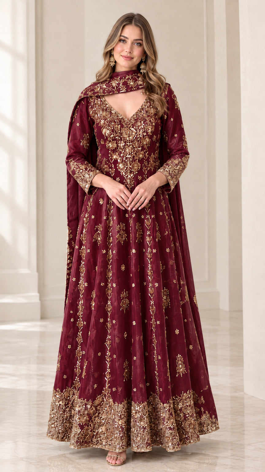 Front view of woman wearing deep maroon embroidered Anarkali gown with dupatta