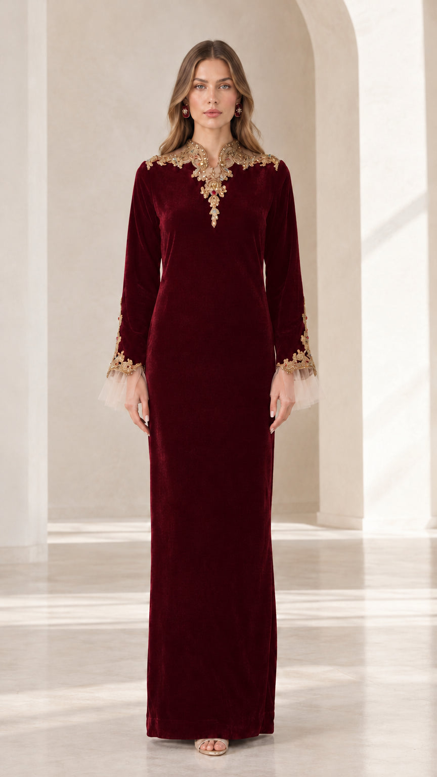 Rich burgundy wine red velvet gown with gold embellished neckline