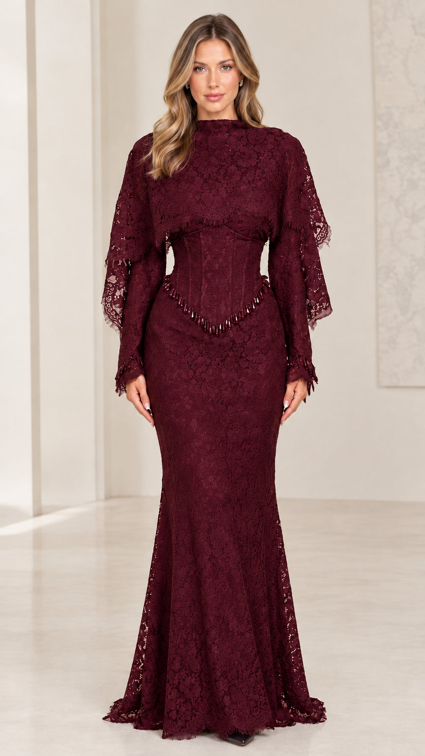 Burgundy wine lace mermaid evening gown with beaded bodice detail