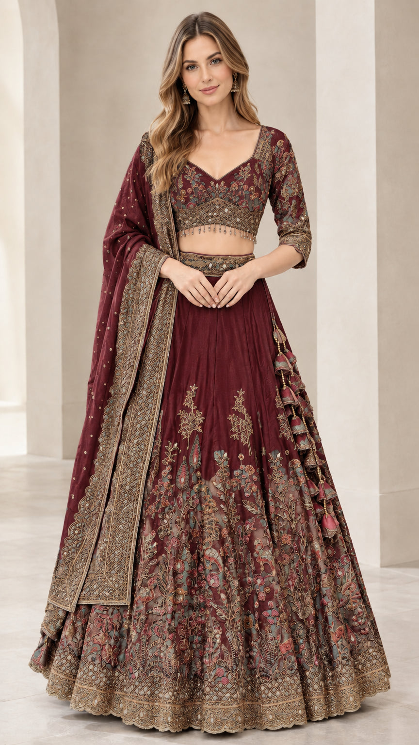 Burgundy wine embroidered lehenga choli set with matching dupatta