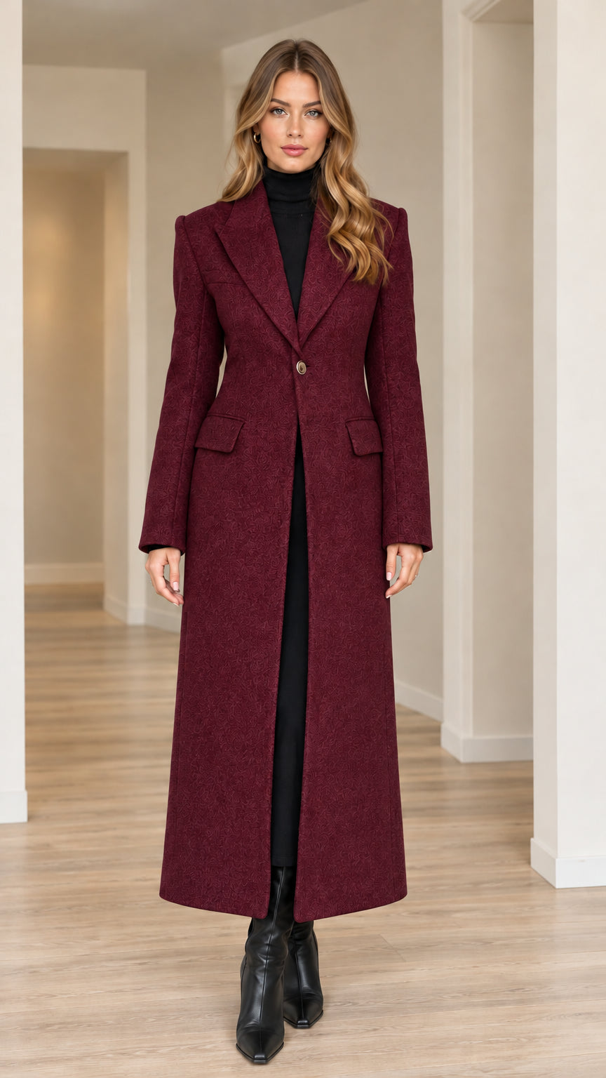 Model wearing burgundy red longline tailored overcoat
