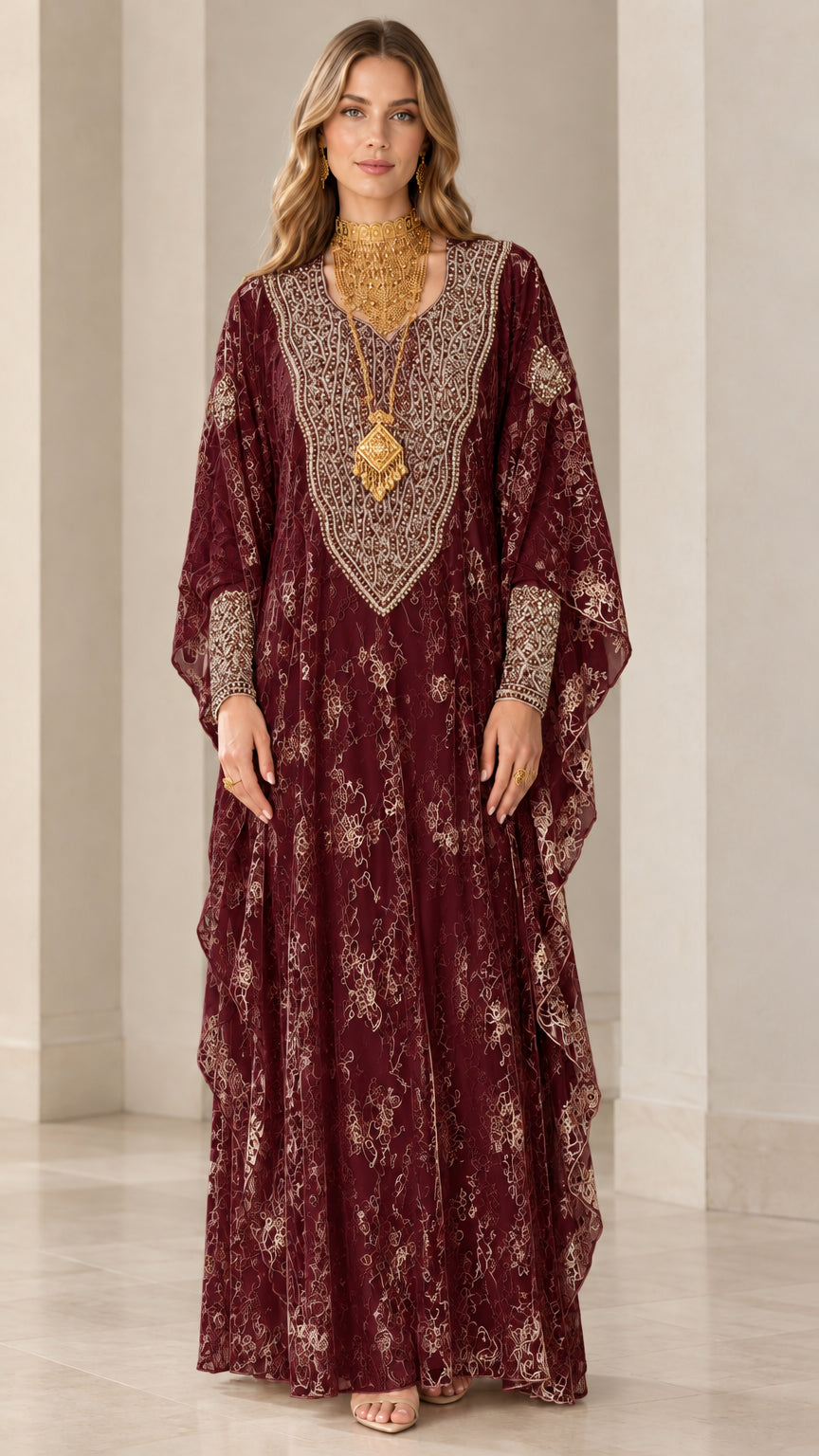 Full front view of women's burgundy embroidered lace kaftan maxi dress