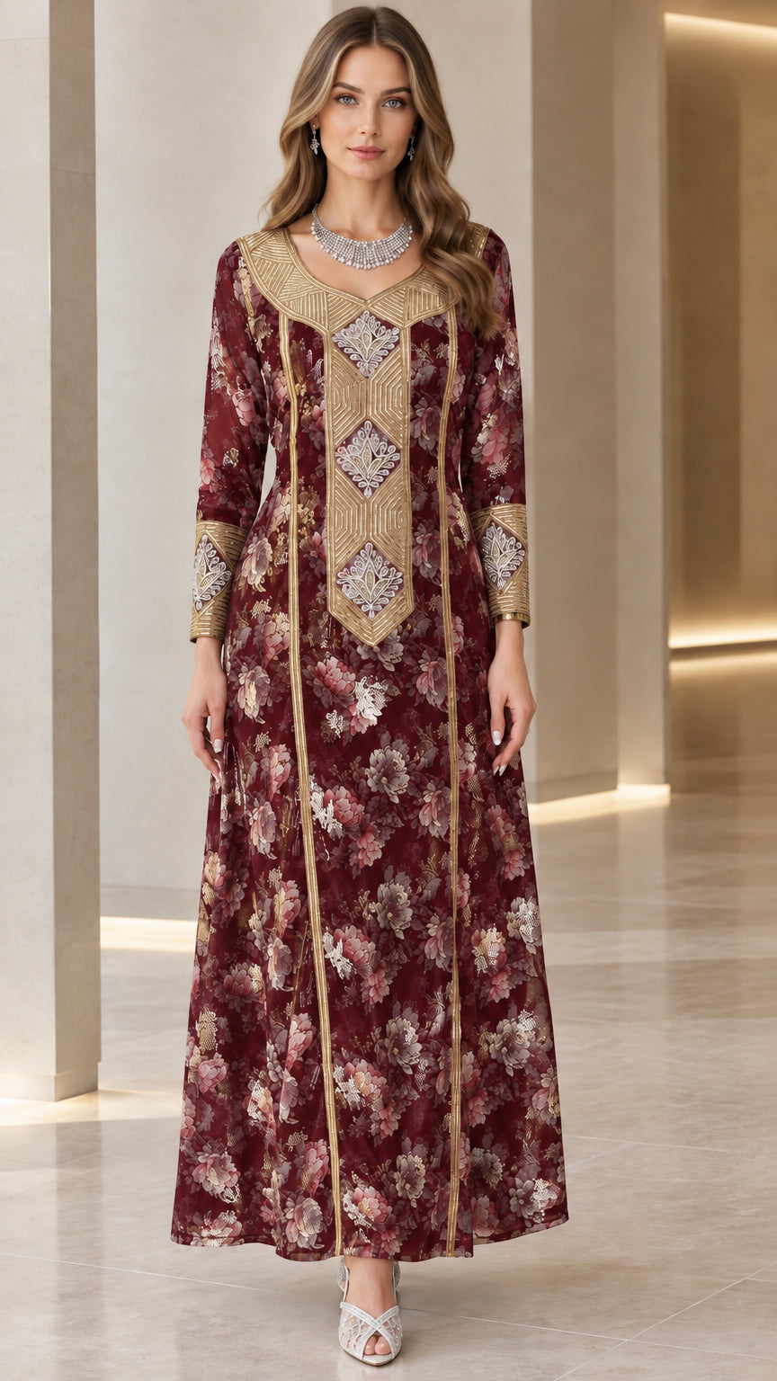 Front view of burgundy red floral long sleeve maxi dress with gold embroidery