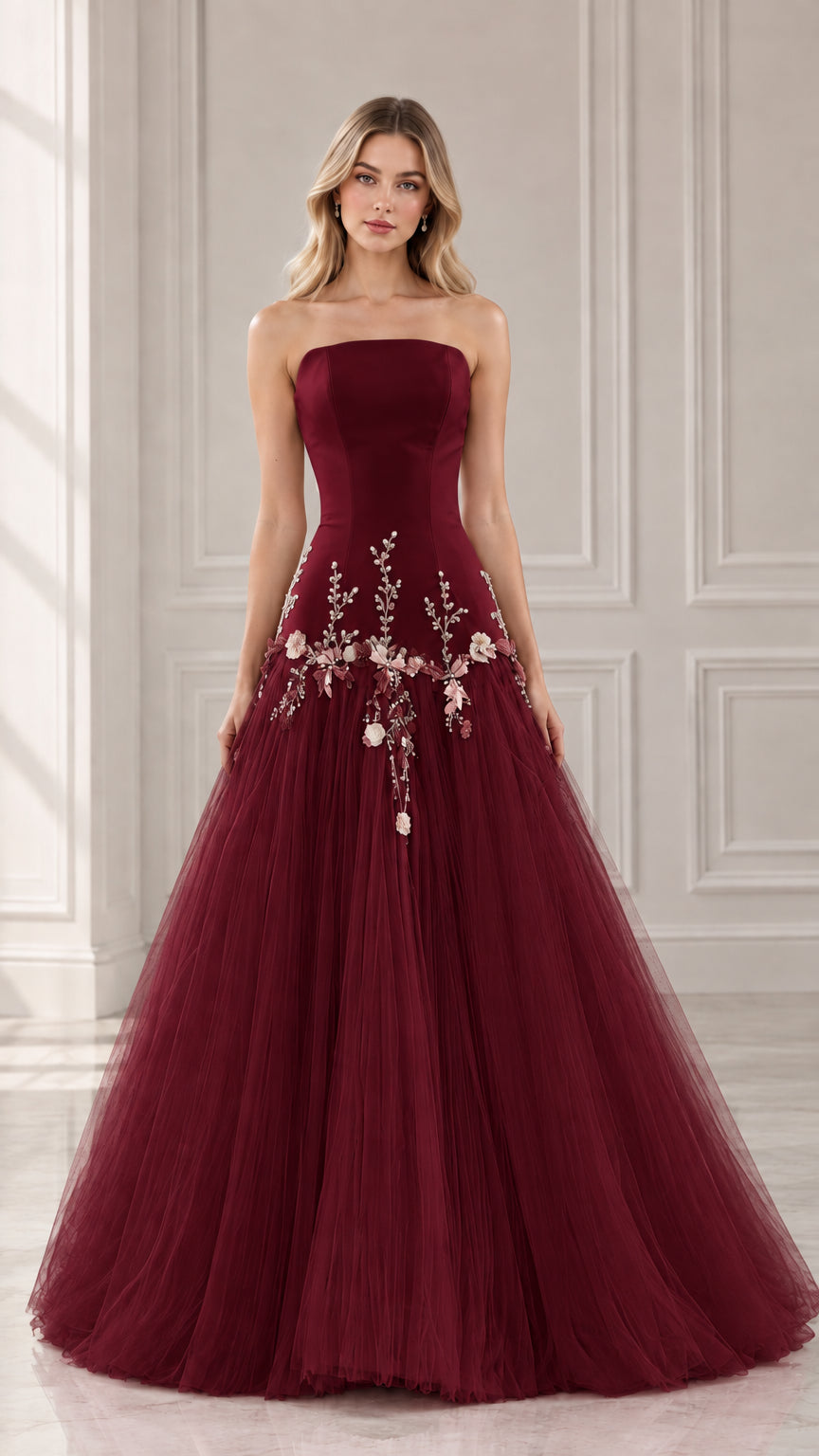 Front view of burgundy red strapless floral applique tulle evening gown
