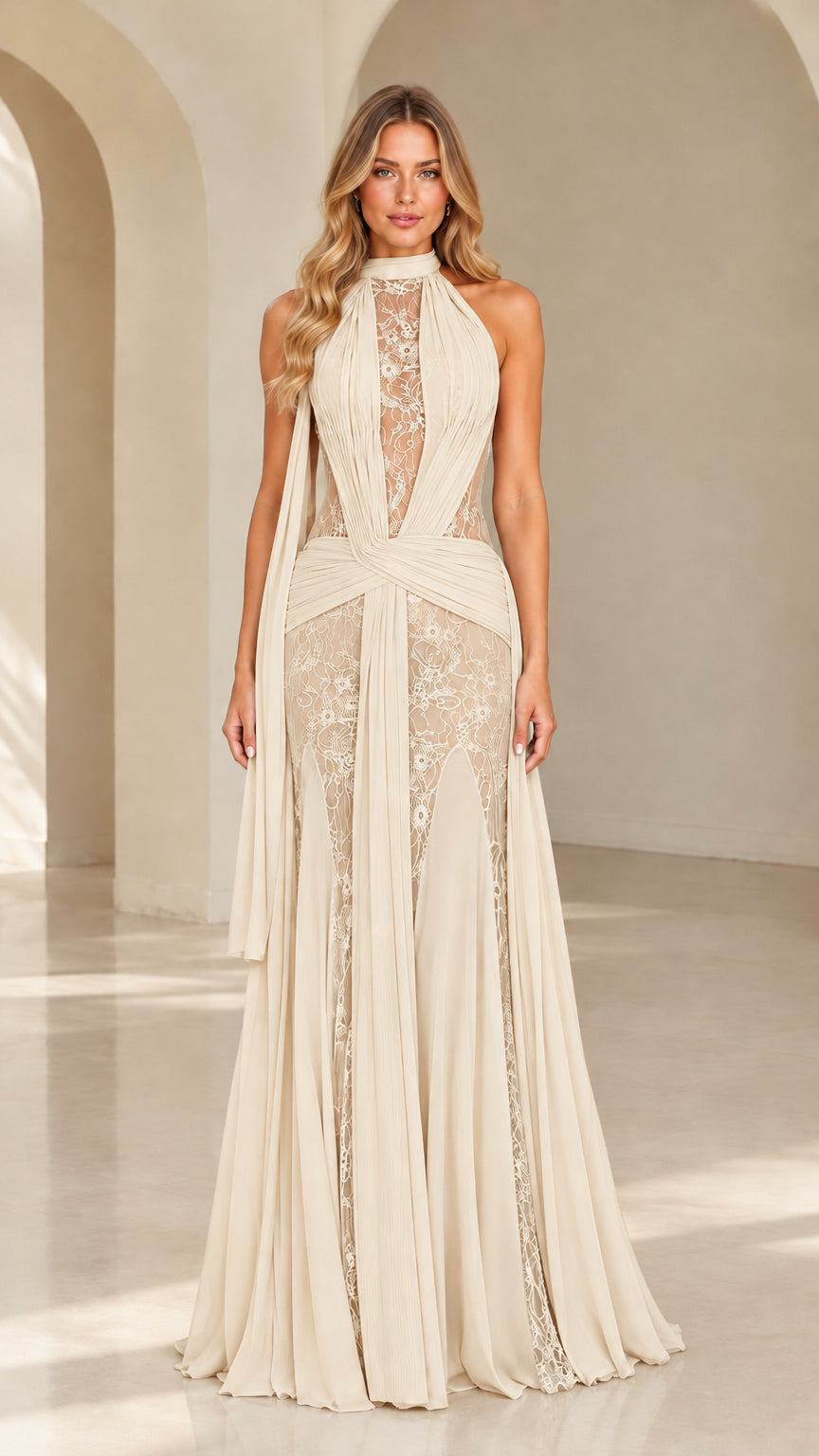 Full-length view of champagne ivory halter lace pleated evening gown