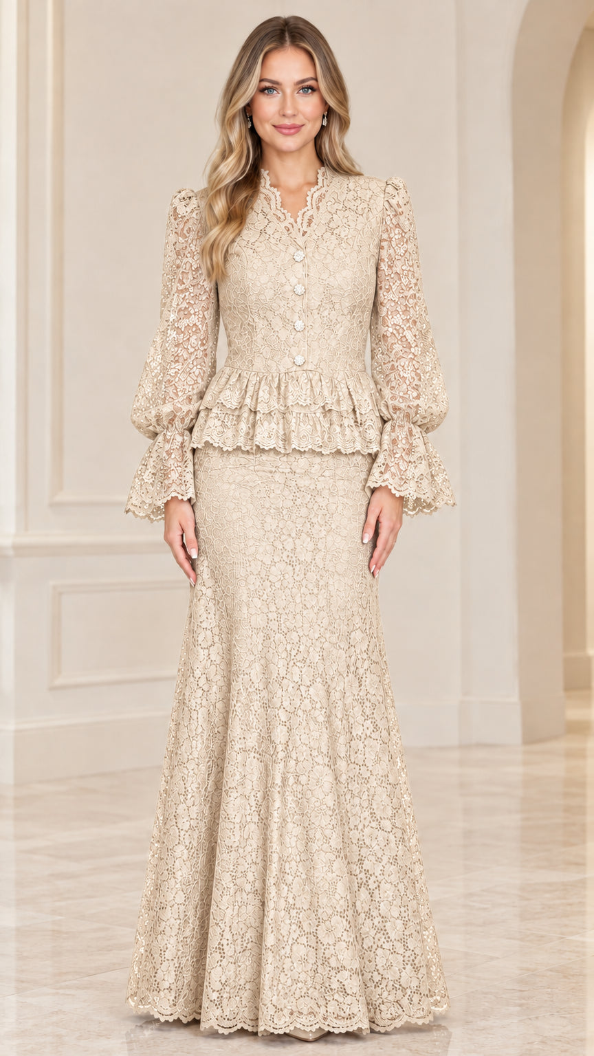 Front view of champagne beige long-sleeve floral lace maxi gown