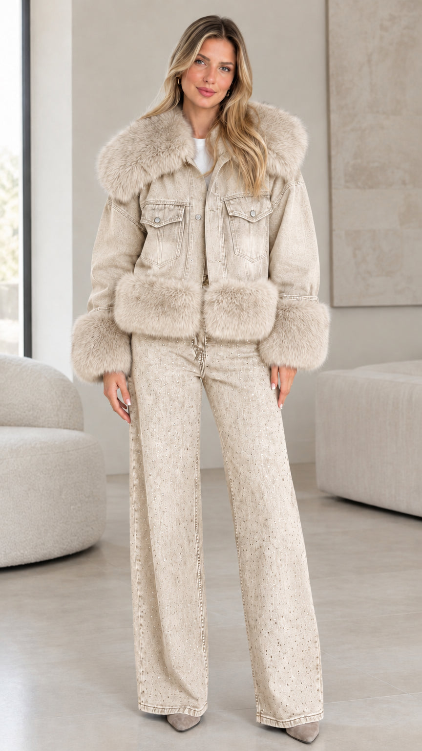 Model wearing beige cream denim jacket with matching beige faux fur trim and wide-leg jeans