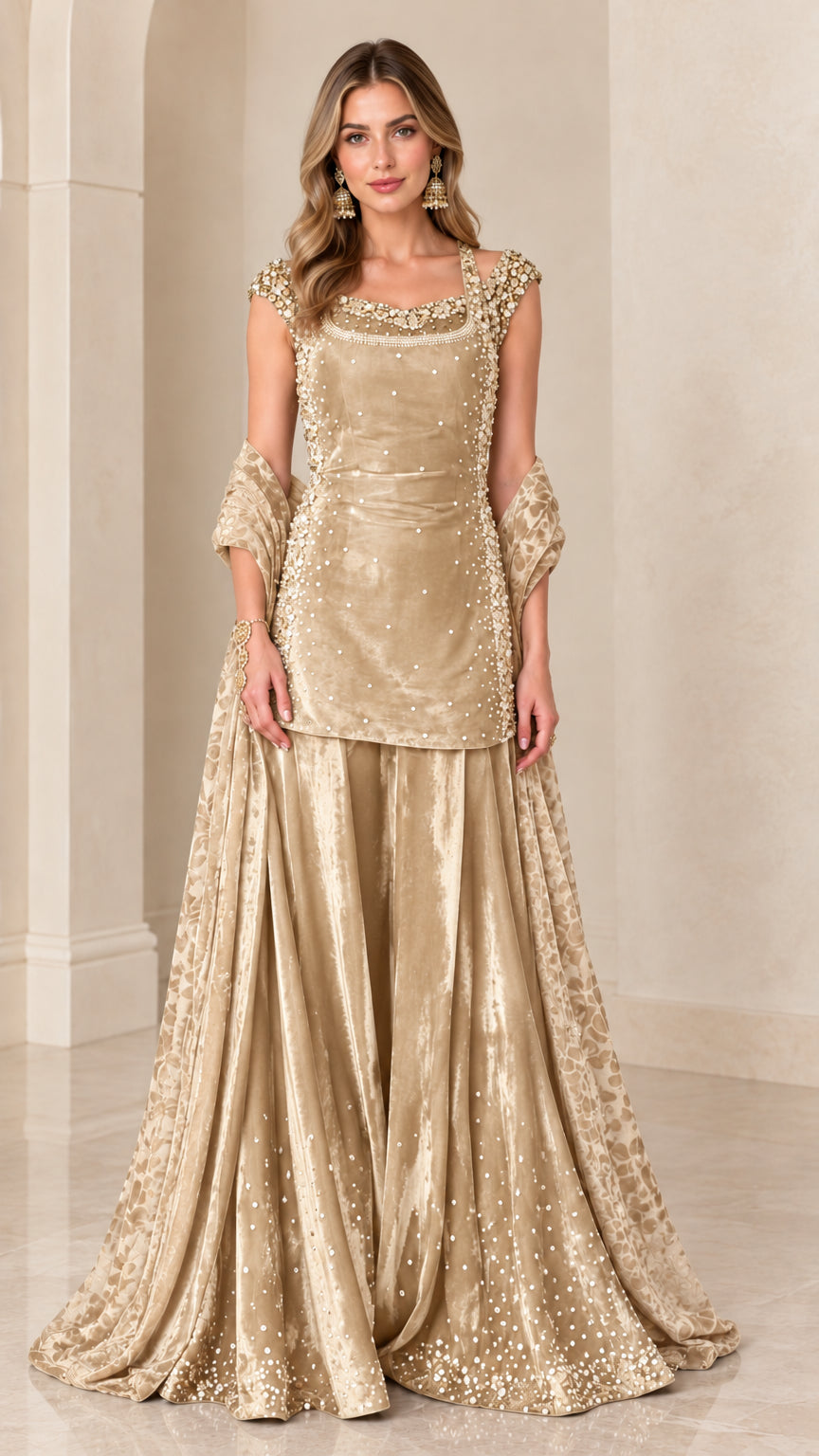 Champagne gold embellished velvet tunic and flared skirt set