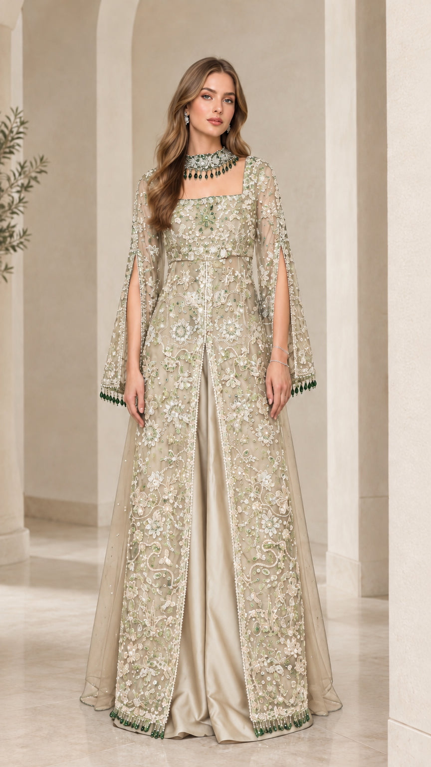 Champagne gold embroidered formal gown with green bead accents and cape sleeves