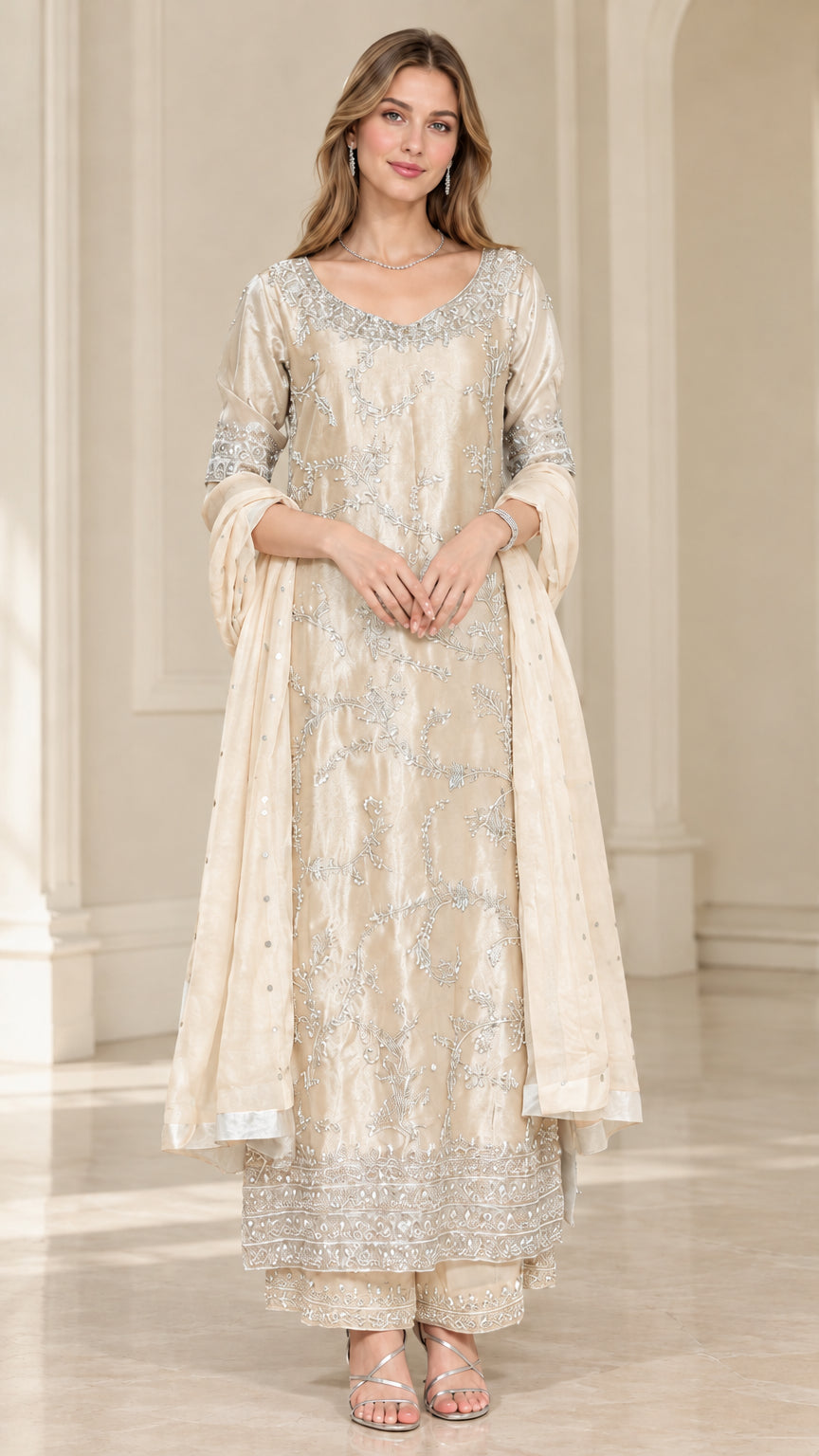 Champagne cream embroidered 3-piece festive kurta palazzo suit