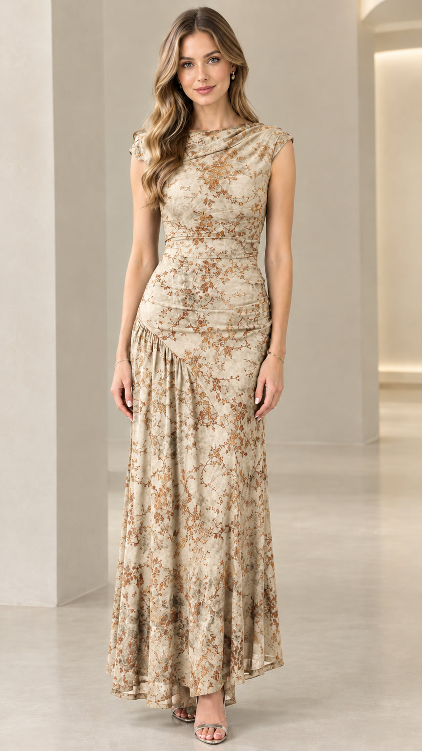 Front view of champagne beige vintage floral draped maxi dress