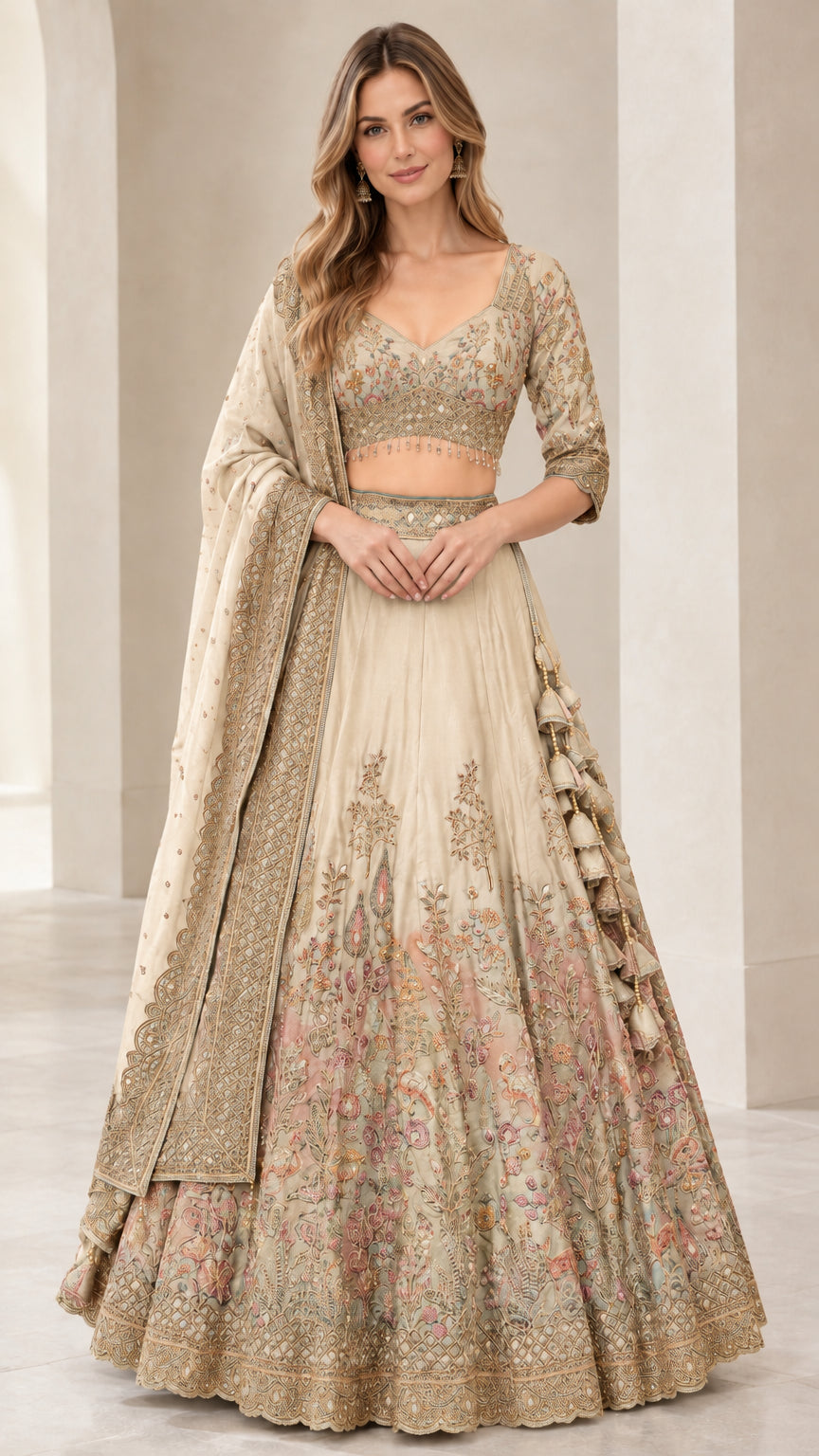Champagne cream embroidered lehenga choli set with pastel floral threadwork