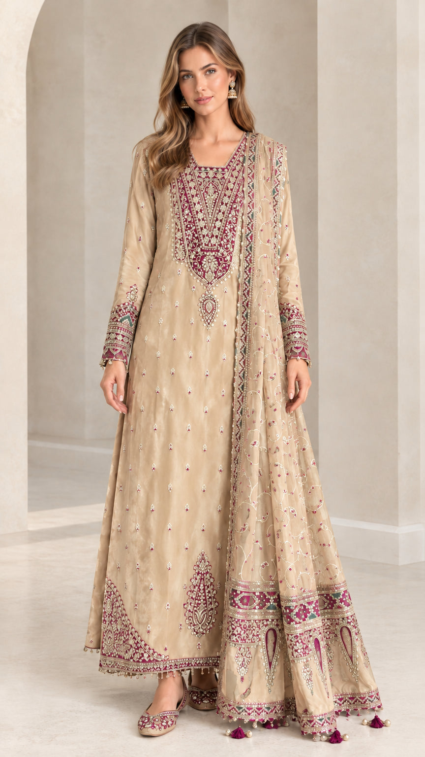 Champagne beige embroidered Anarkali gown accented with berry embroidery