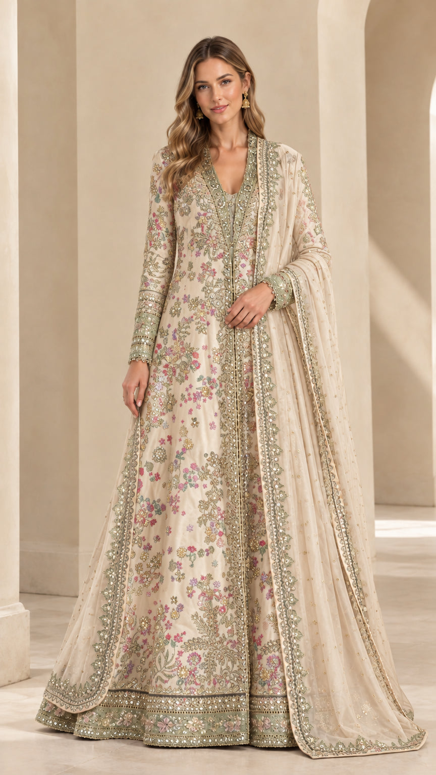 Front view of champagne cream floral embroidered gown set with dupatta