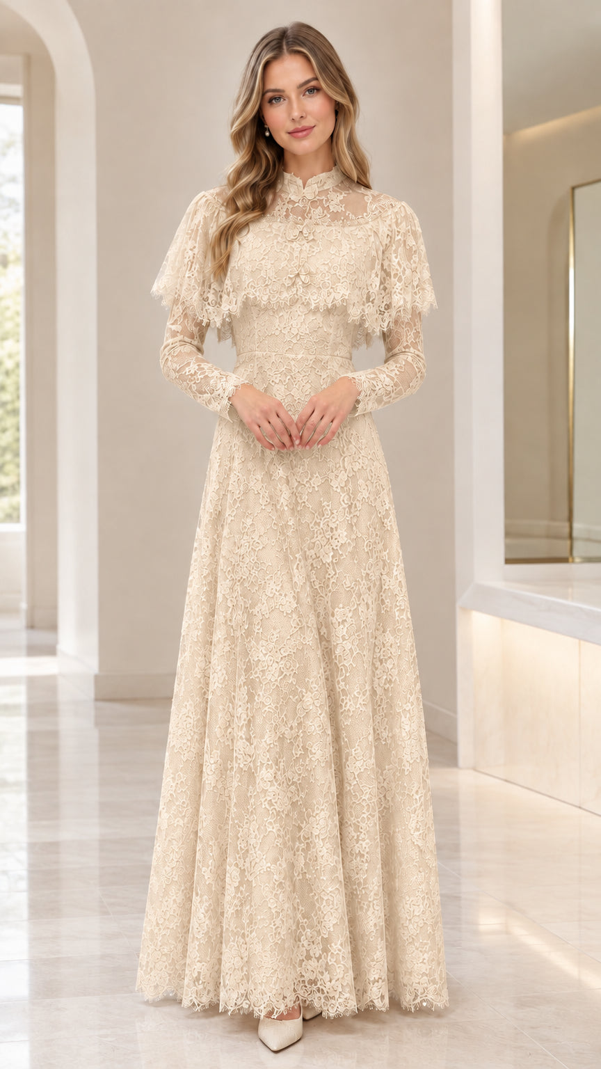 Front view of woman wearing champagne beige floral lace maxi gown
