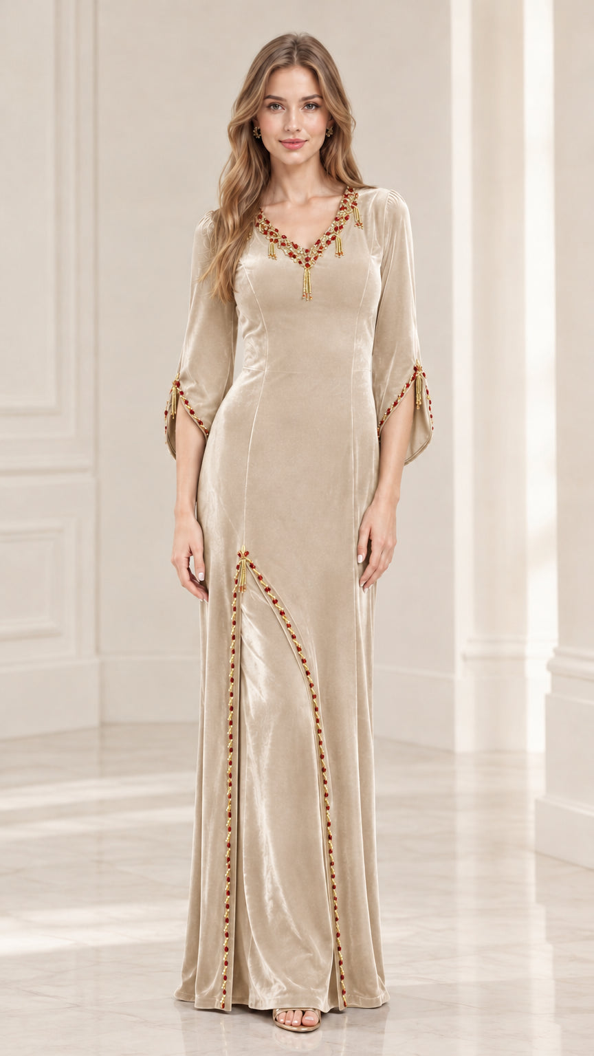 Model wearing Champagne Gold Embellished Velvet Maxi Dress front view