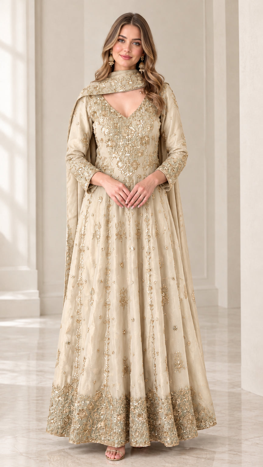 Front view of woman wearing champagne beige embroidered Anarkali gown with dupatta