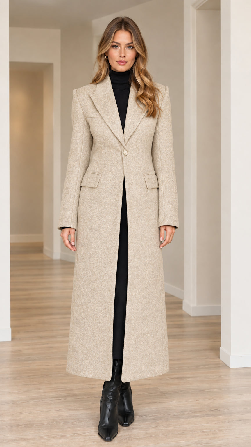 Model wearing beige oatmeal tailored maxi coat with notched lapels
