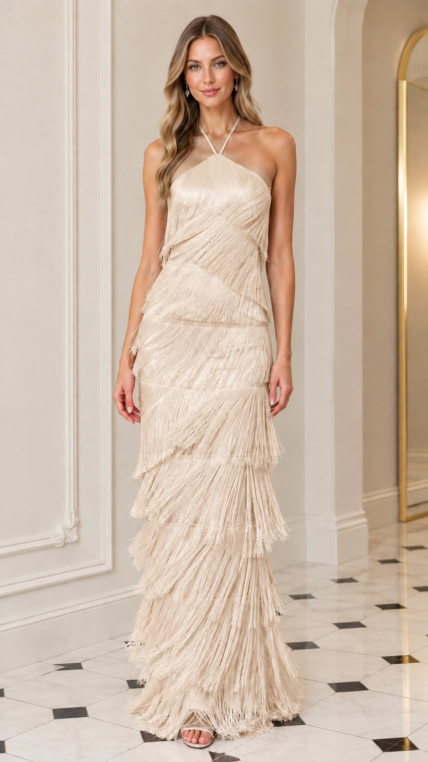 Model wearing Champagne beige tiered fringe formal maxi dress