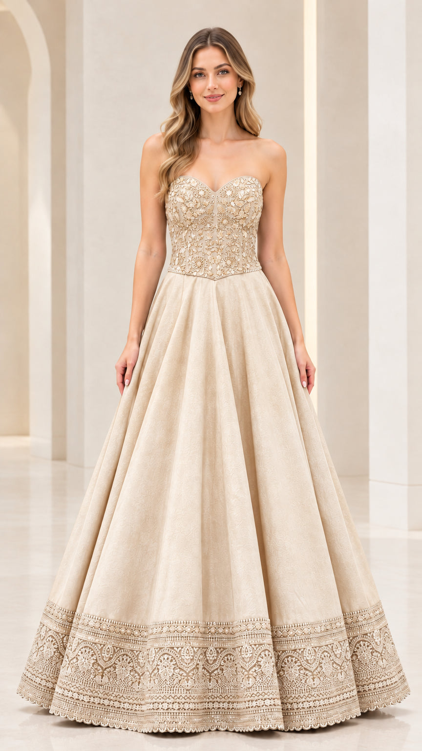 Champagne gold strapless A-line evening dress with delicate embroidery