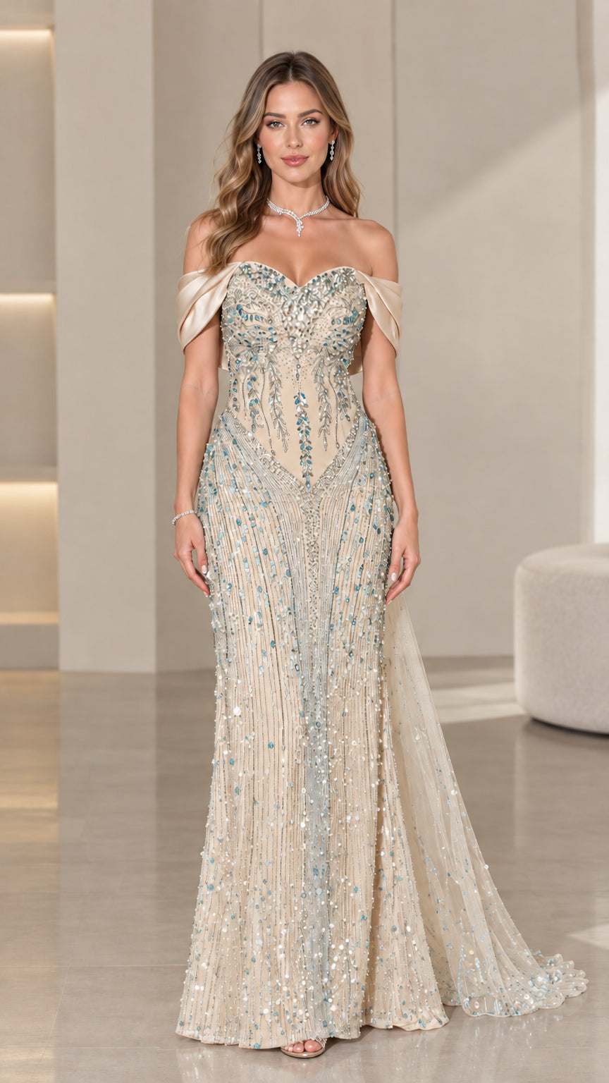 Full-length view of champagne gold off-the-shoulder beaded evening gown