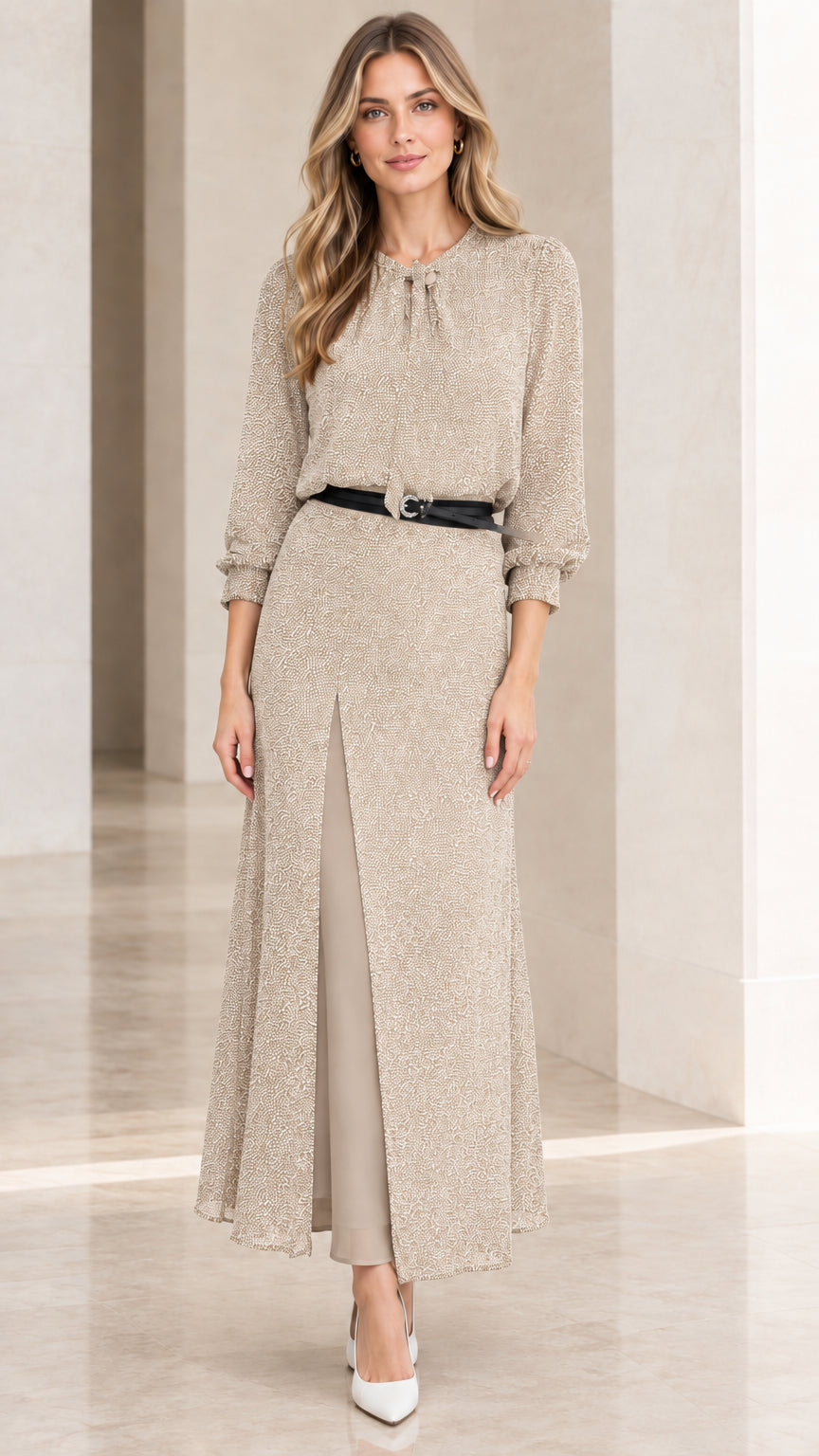 Beige champagne belted long sleeve maxi dress with layered front slit