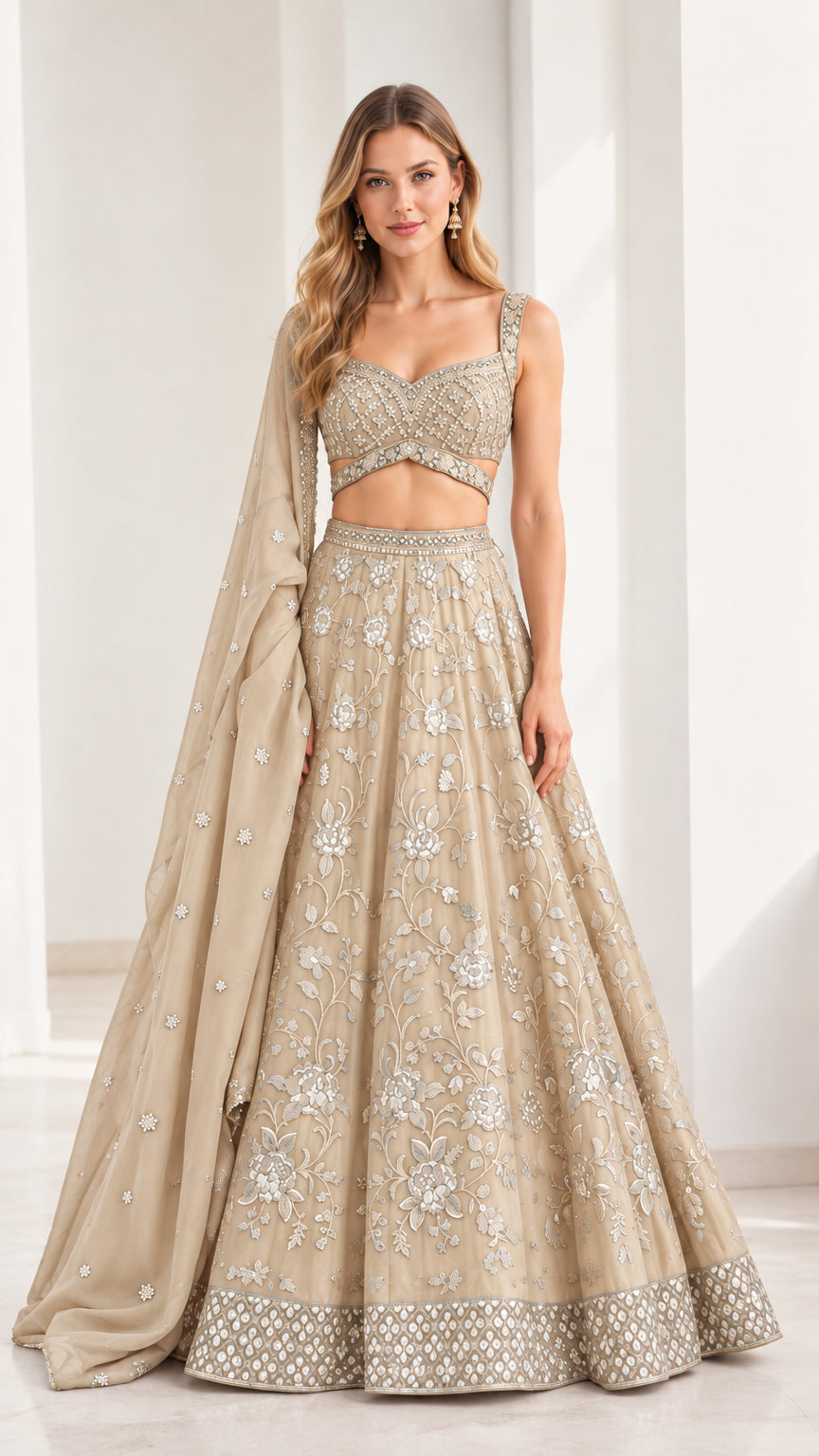 Champagne beige floral embroidered 3-piece lehenga choli set