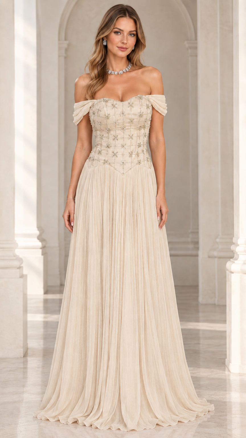 Champagne ivory off-the-shoulder crystal bodice pleated formal dress