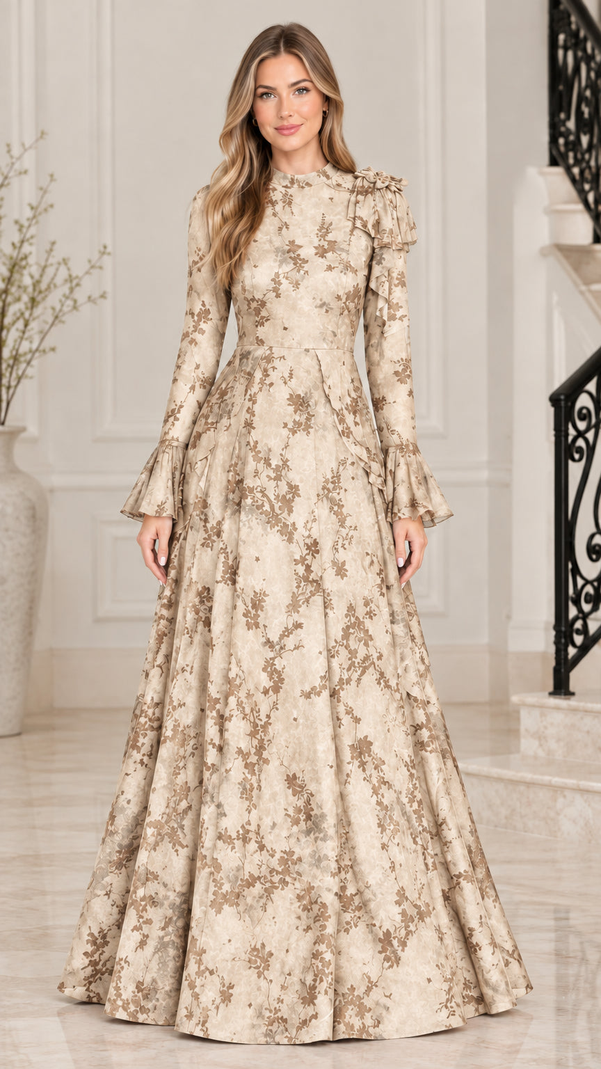 Champagne gold floral jacquard A-line evening maxi dress