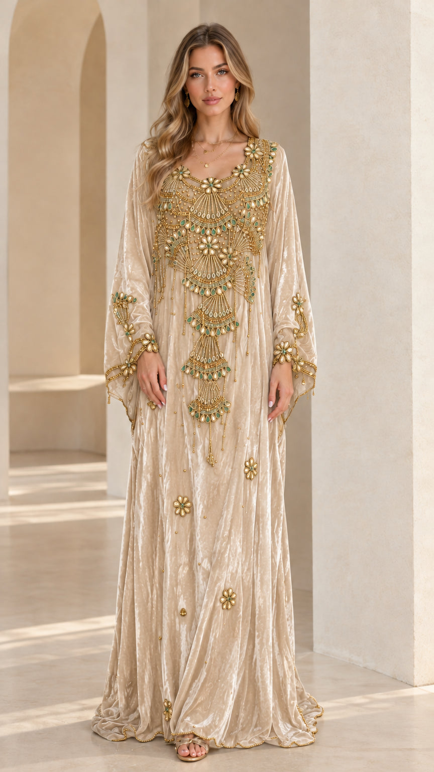 Front view of woman wearing Champagne beige embellished velvet kaftan dress