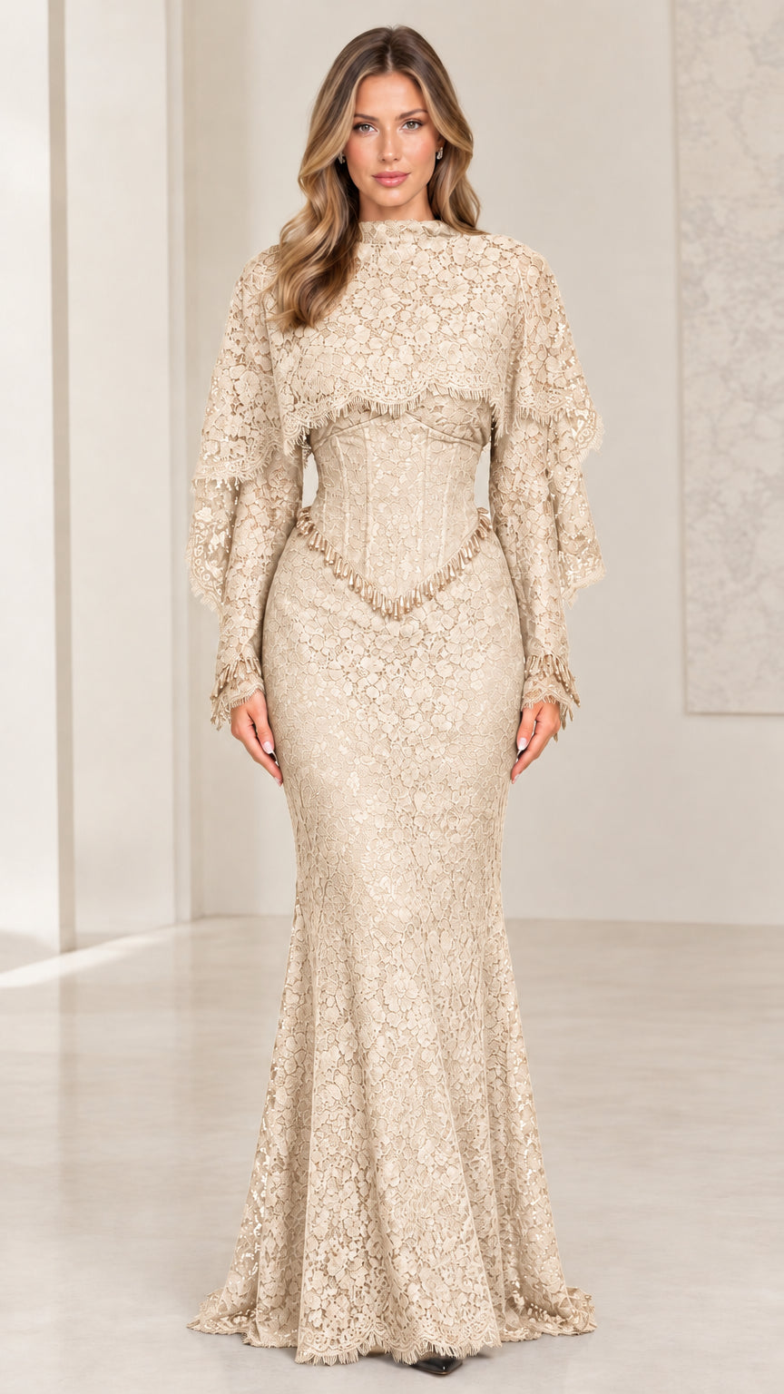 Champagne beige high neck lace floor length evening dress