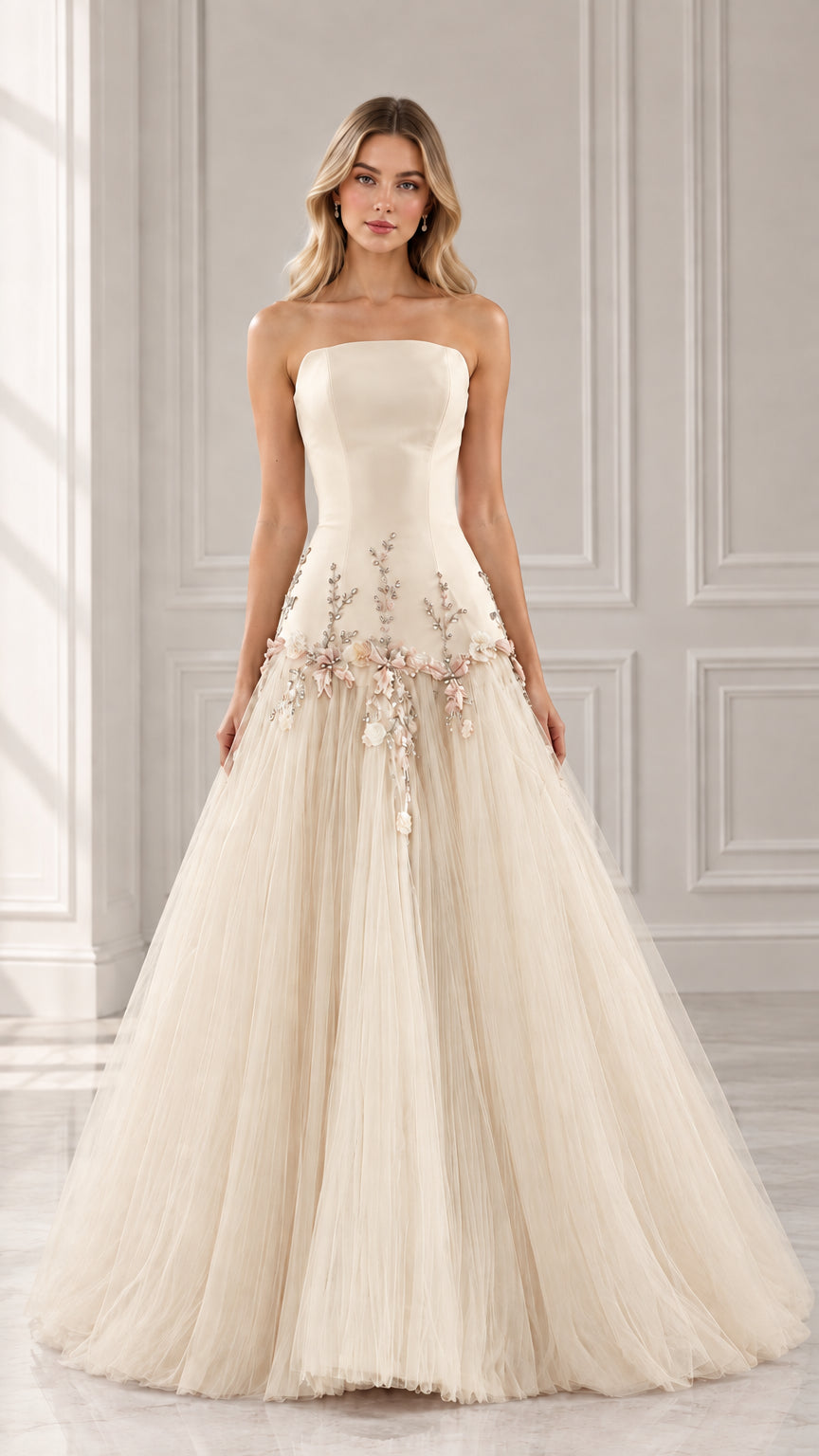 Front view of champagne ivory strapless floral applique tulle ball gown