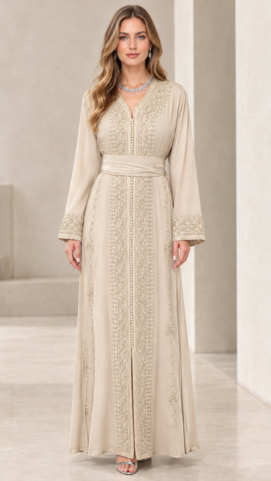 Full front view of beige long sleeve embroidered kaftan dress