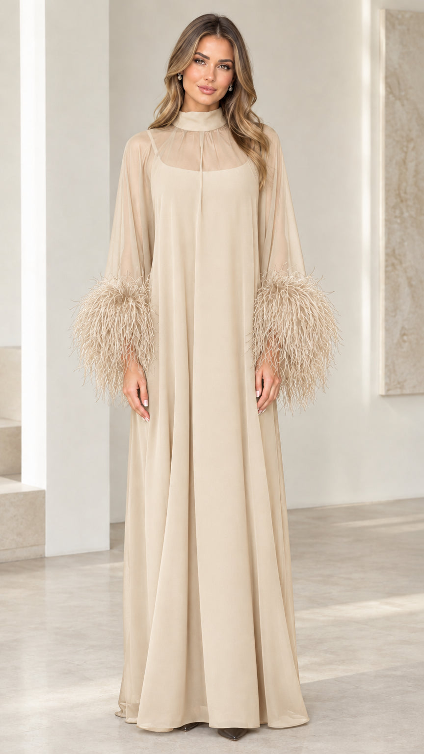 Champagne beige mock neck evening maxi gown with feather cuffs