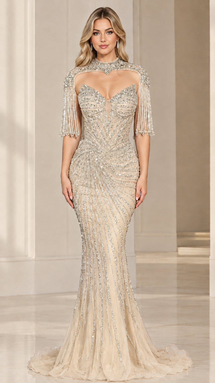 Front view of champagne gold embellished illusion mermaid evening dress