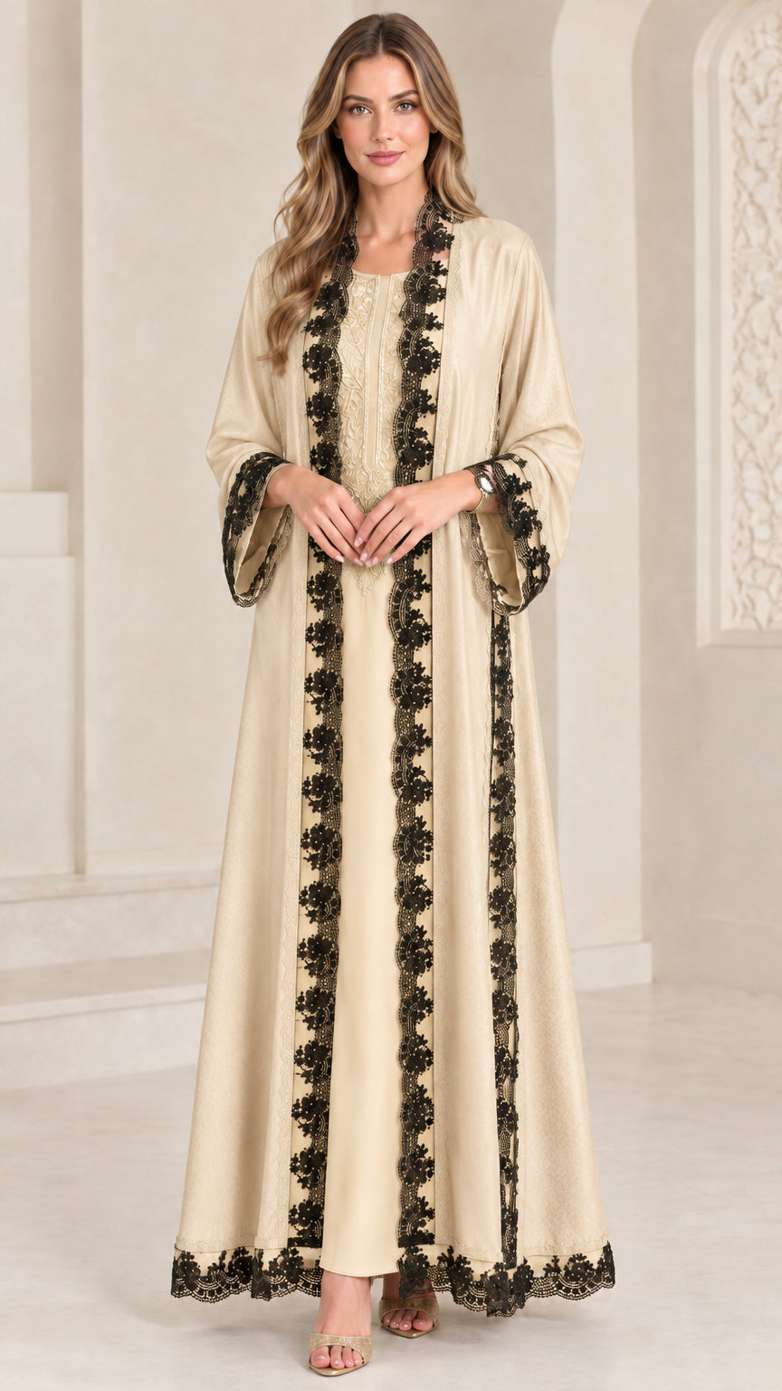 Champagne beige modest abaya maxi dress set with black lace trim