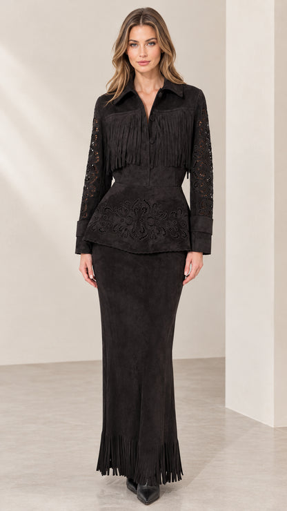 Front full view of black fringe faux suede jacket and matching maxi skirt set