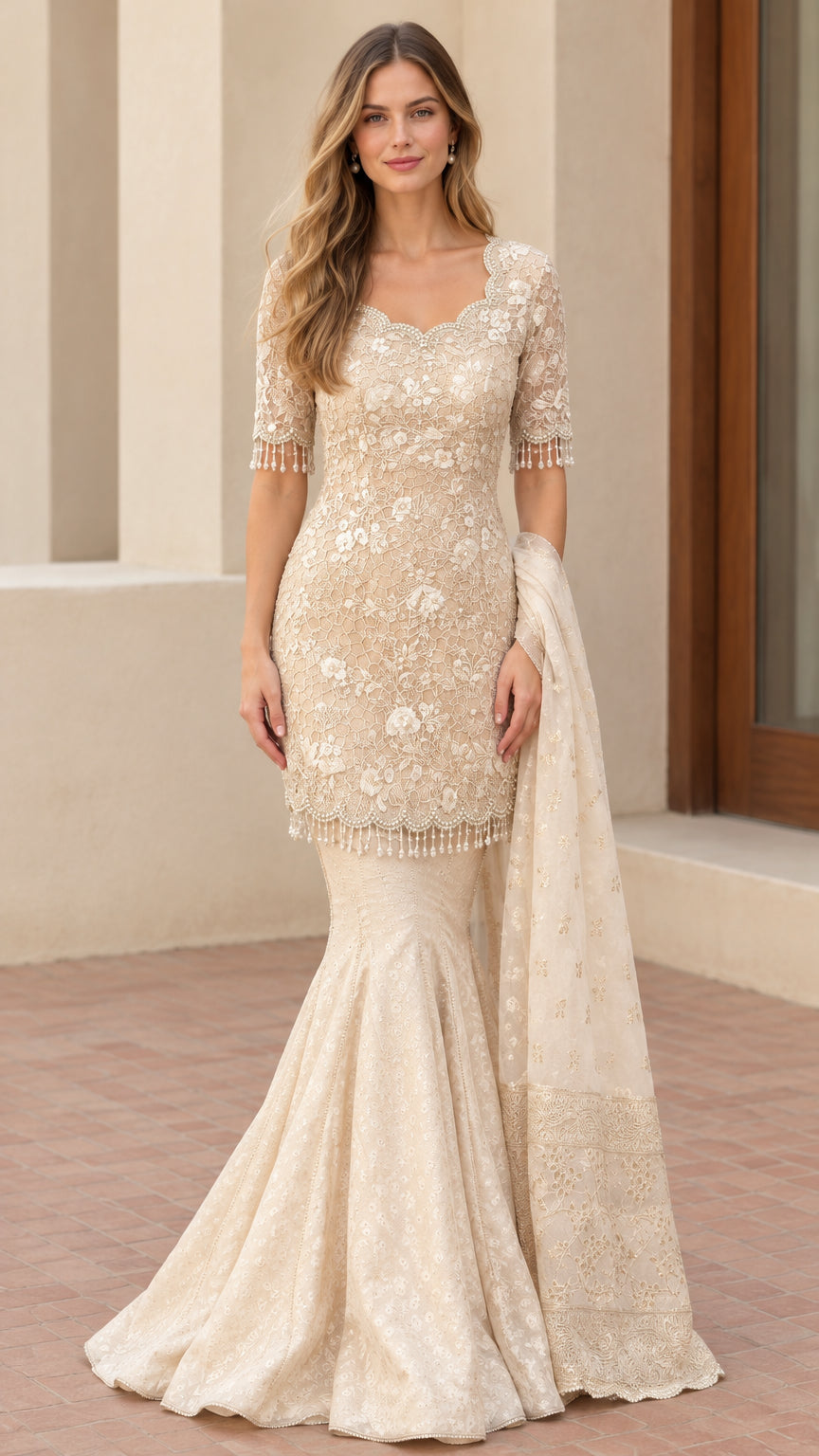 Full front view of champagne embroidered lace mermaid evening gown set with matching shawl