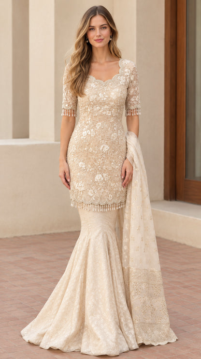 Full front view of champagne embroidered lace mermaid evening gown set with matching shawl