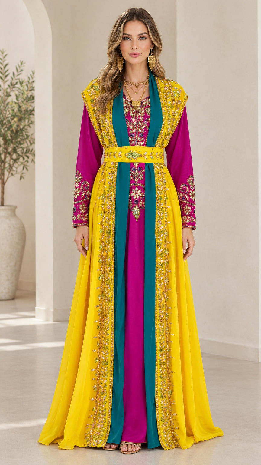 Front full view of vibrant yellow embroidered Moroccan caftan maxi dress with magenta and teal details