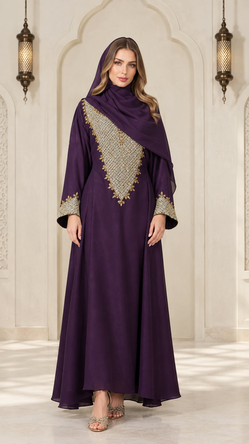 Front view of model wearing royal purple embroidered abaya dress with matching hijab